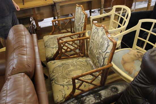 2 sets of faux bamboo chairs & pair of white painted chairs with cherub upholstery (6)